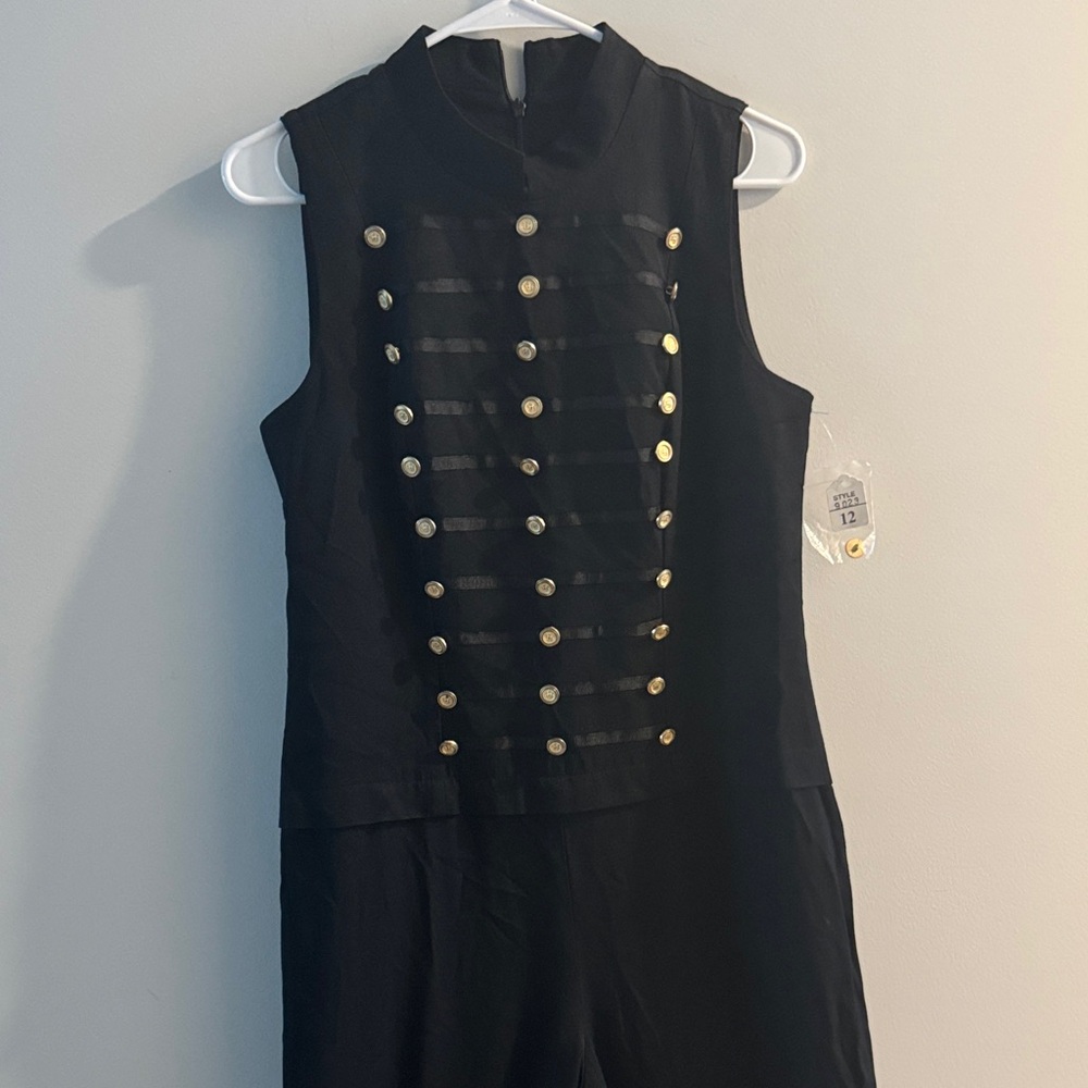 Sleeveless Black Military-Style Jumpsuit with Gold Buttons